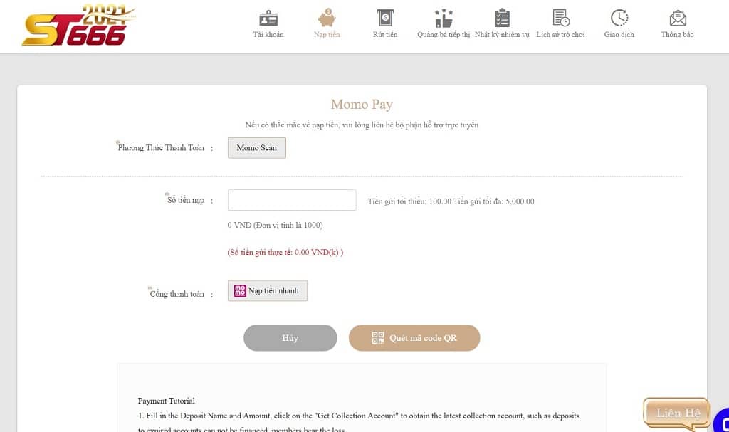 Nạp tiền bằng phương thức chuyển tiền Momo Pay của ST666