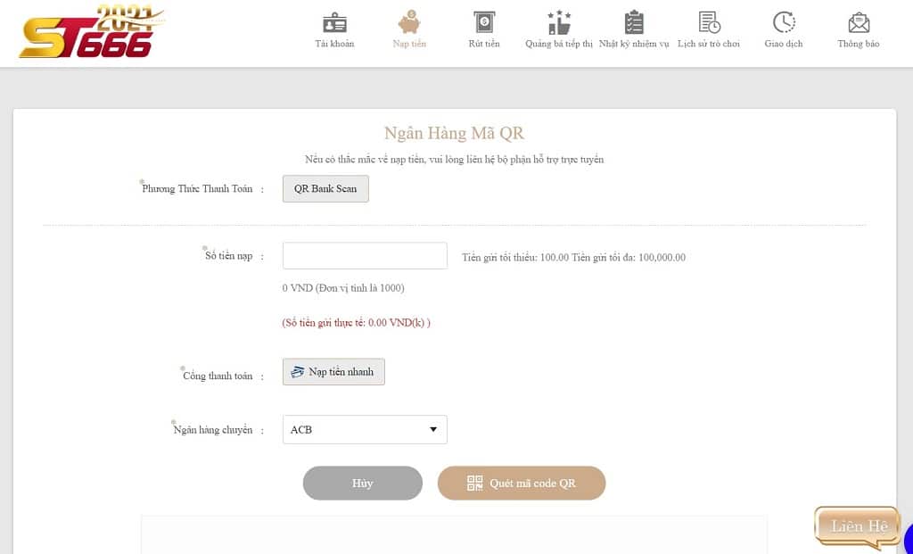 Nạp tiền bằng phương thức Ngân hàng mã QR của ST666